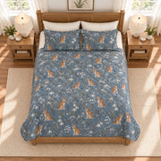Smoky Blue Eurasian Lynx and Snowdrop quilt set overhead view