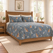 Smoky Blue Eurasian Lynx and Snowdrop quilt set left angle view