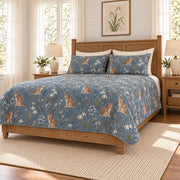 Smoky Blue Eurasian Lynx and Snowdrop quilt set right angle view