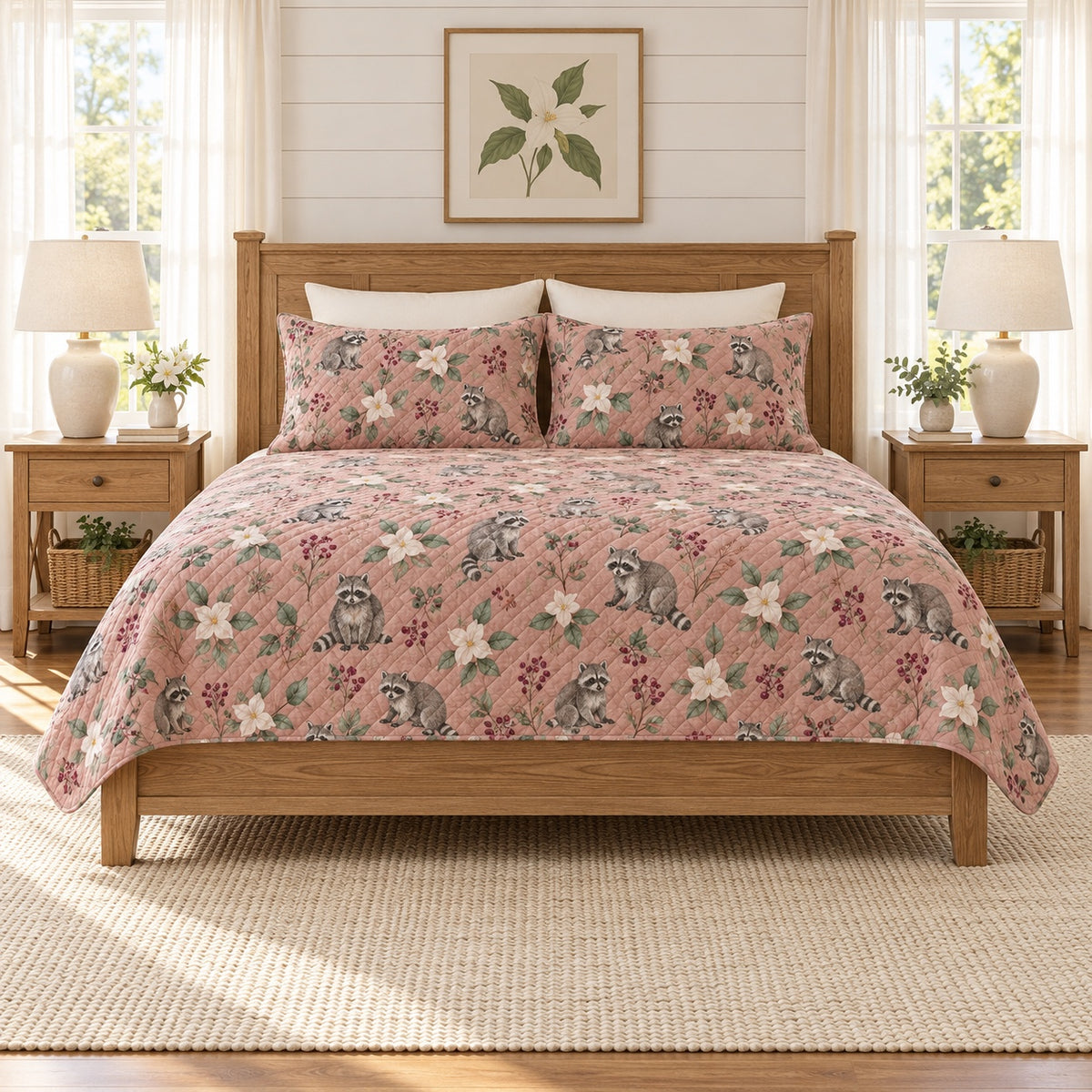 Dusty Rose Raccoon and Trillium quilt set front view