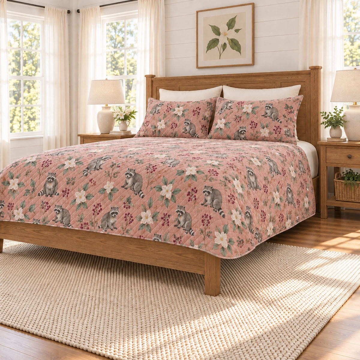 Dusty Rose Raccoon and Trillium quilt set right angle view