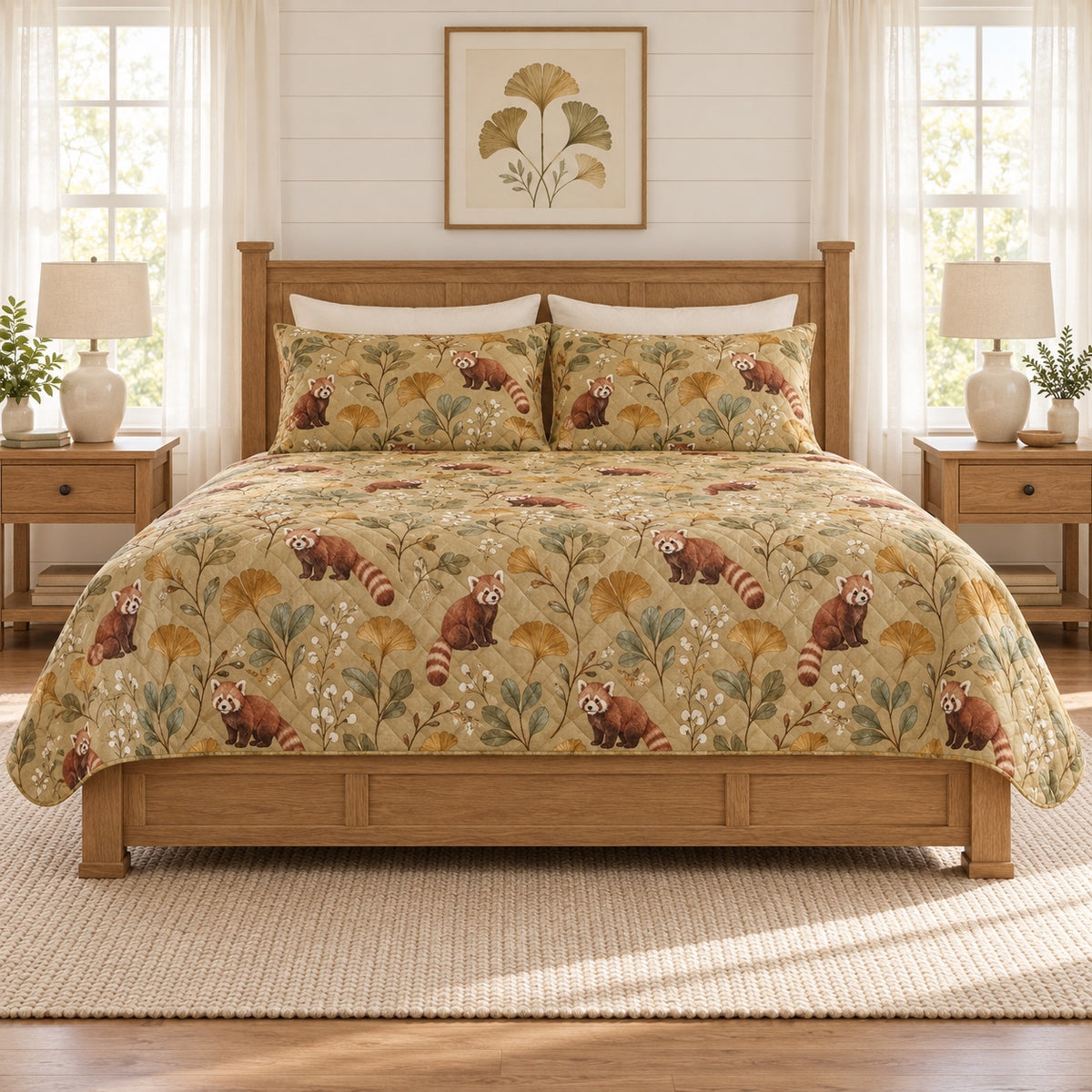 Muted ochre red panda and ginkgo quilt set front view