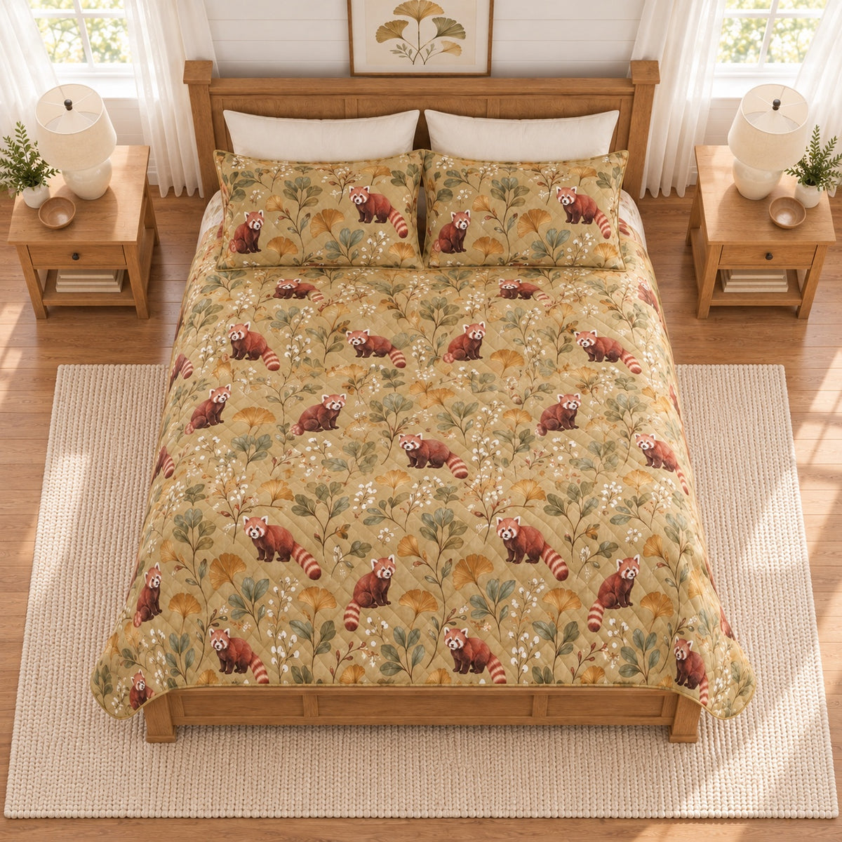 Muted ochre red panda and ginkgo quilt set elevated overhead view