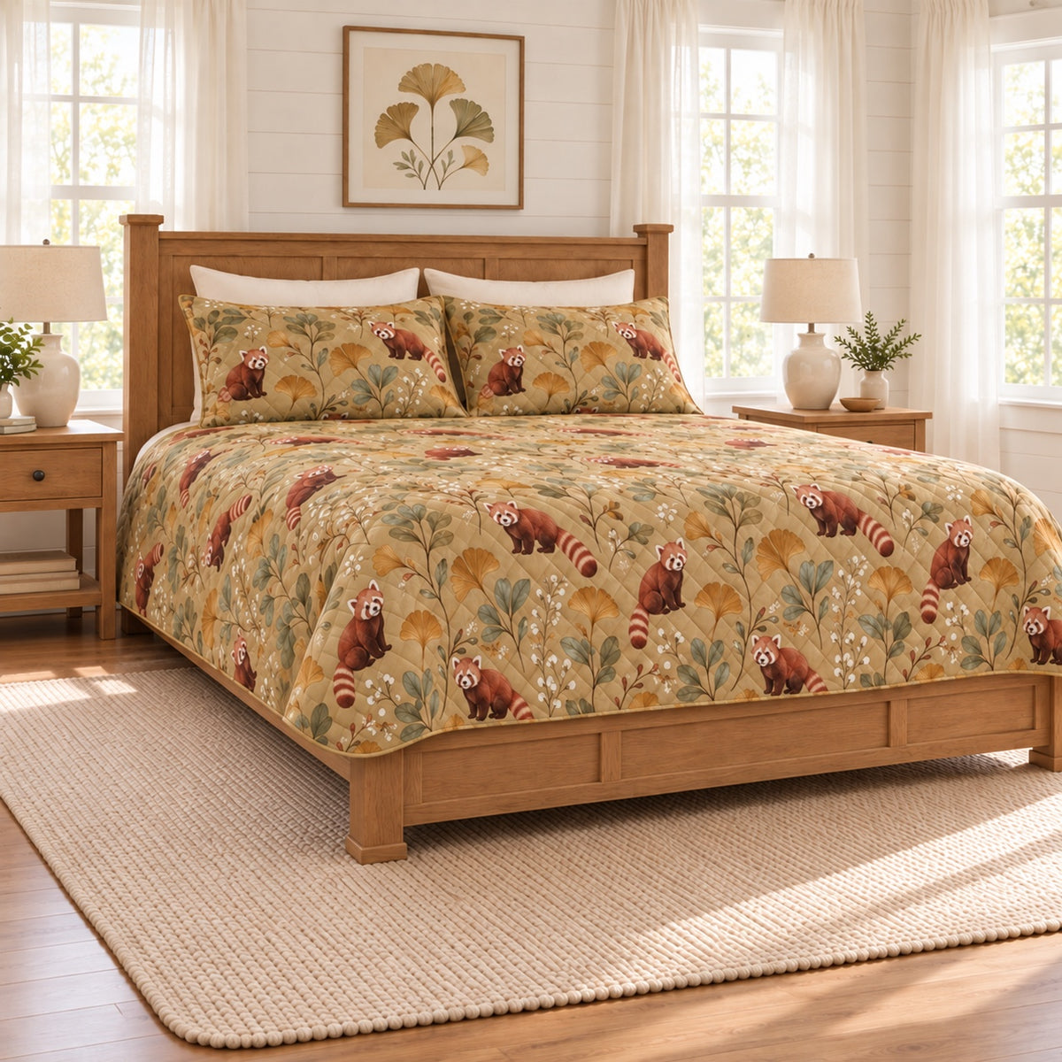 Muted ochre red panda and ginkgo quilt set left angle