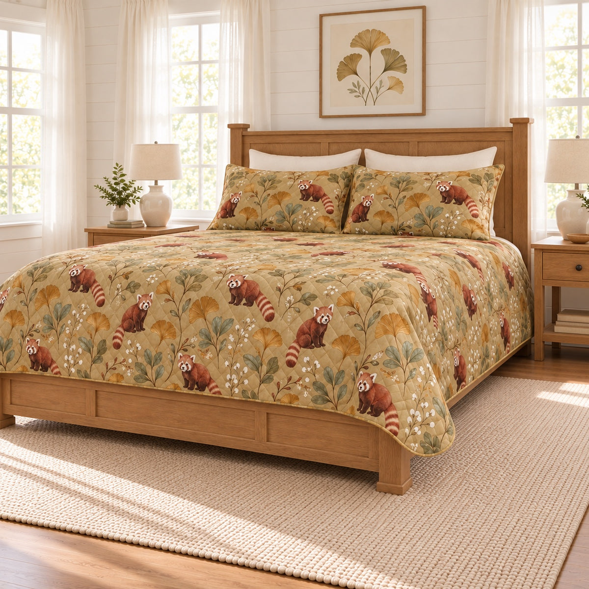 Muted ochre red panda and ginkgo quilt set right angle