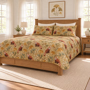 Muted ochre red panda and ginkgo quilt set right angle