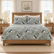 Muted coastal teal Atlantic puffin and sea campion quilt set front view