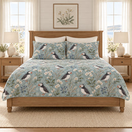 Muted Coastal Teal Puffin & Sea Campion Quilt Set, Gift for Puffin and Sea Campion Fans