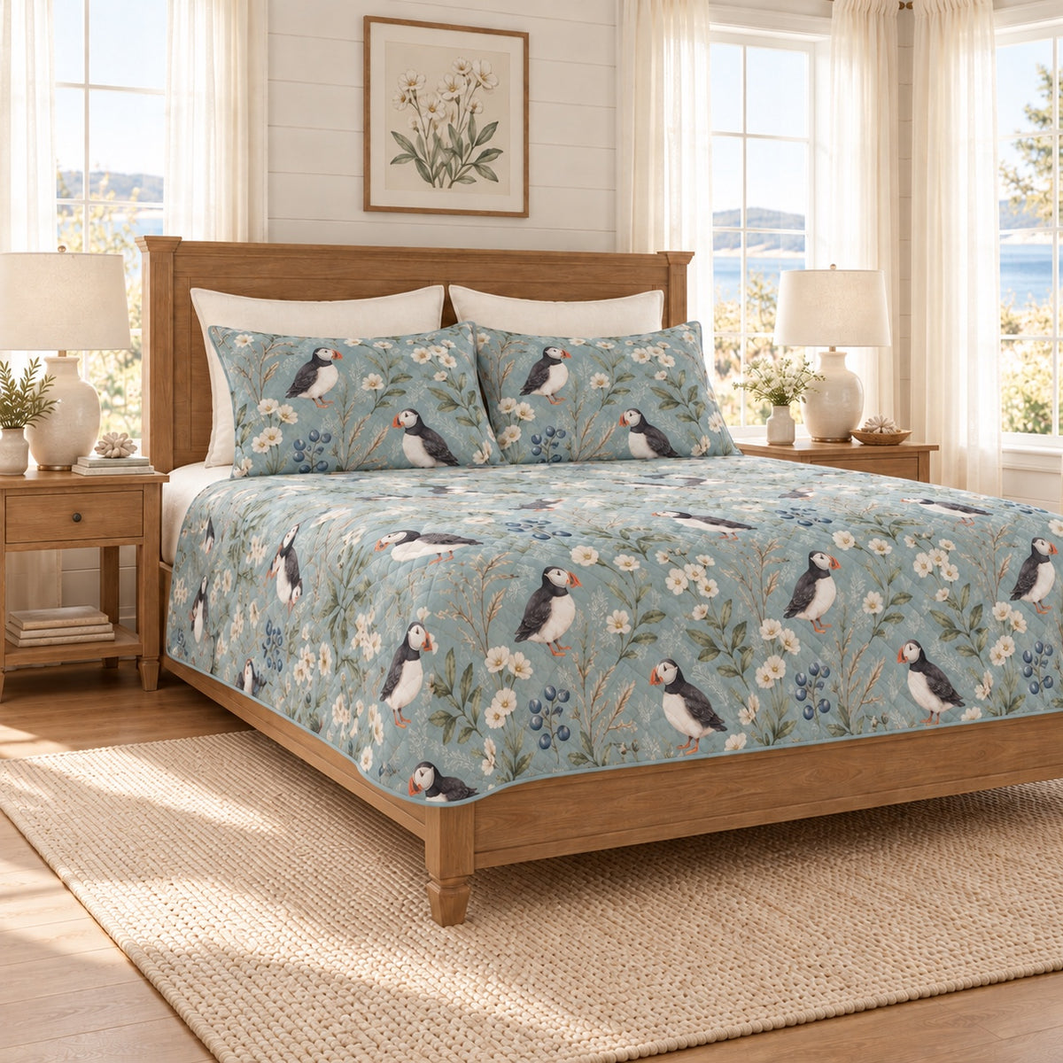 Muted coastal teal Atlantic puffin and sea campion quilt set left angle