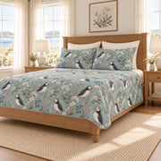 Muted coastal teal Atlantic puffin and sea campion quilt set right angle