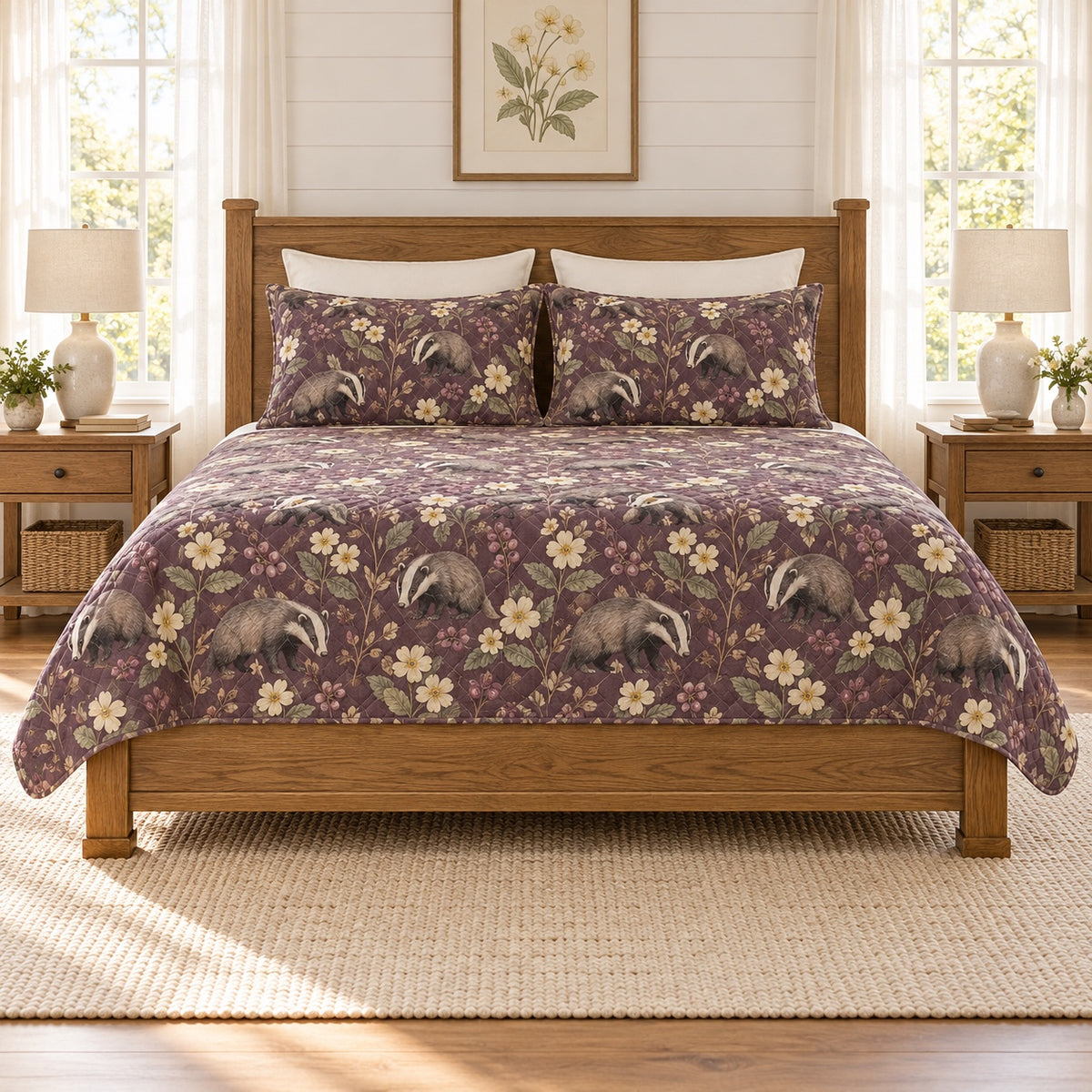 Smoky plum European badger and primrose quilt set front view