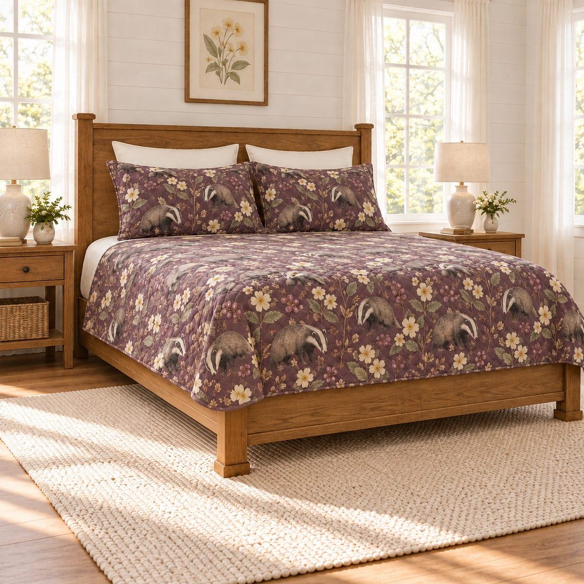Smoky plum European badger and primrose quilt set left angle