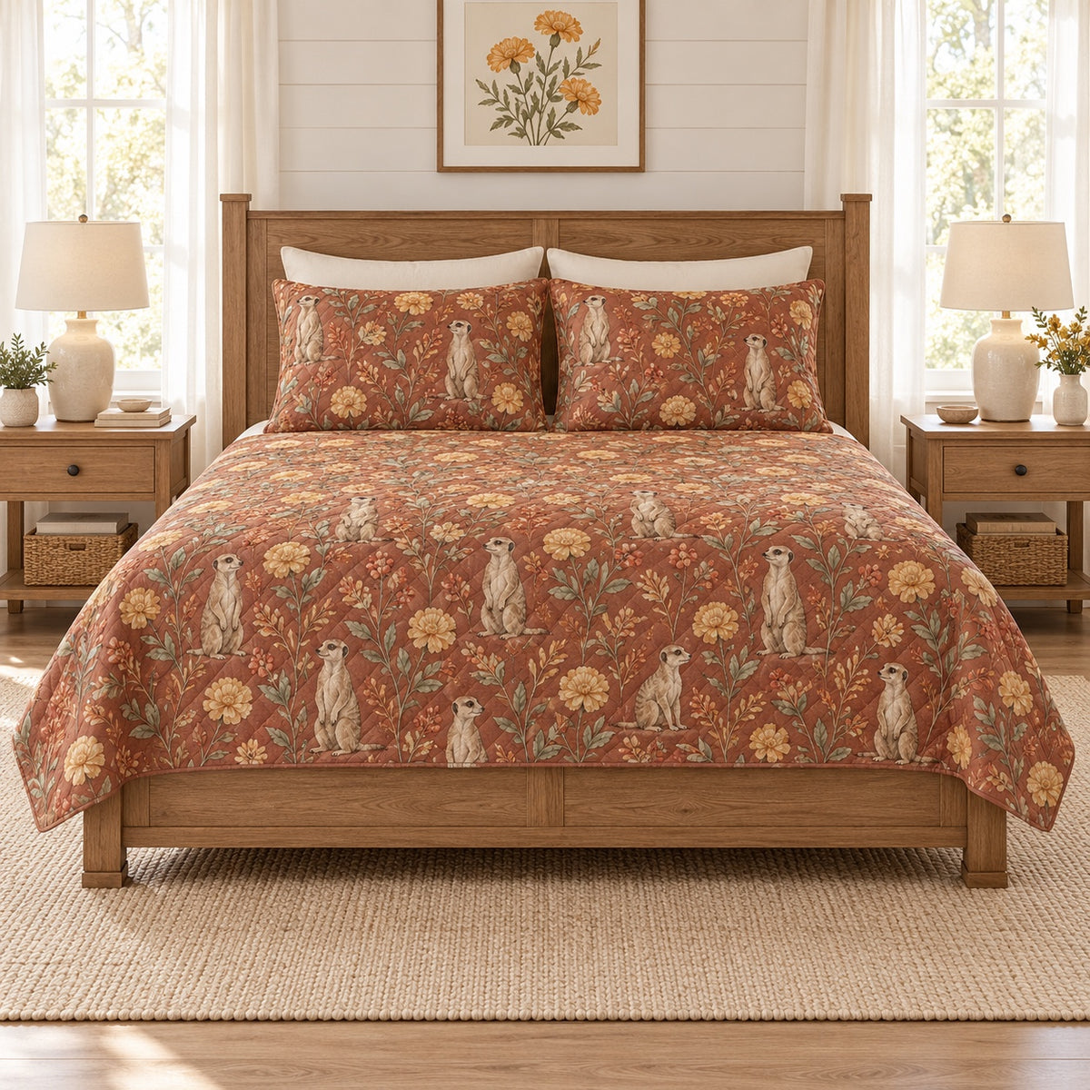 Warm terracotta meerkat and desert marigold quilt set, front hero view