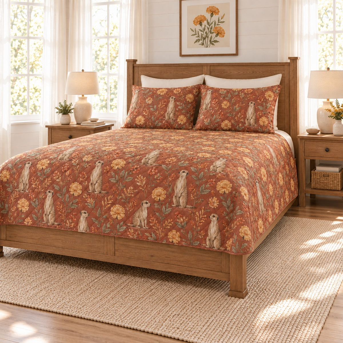 Warm terracotta meerkat and desert marigold quilt set, right angle view