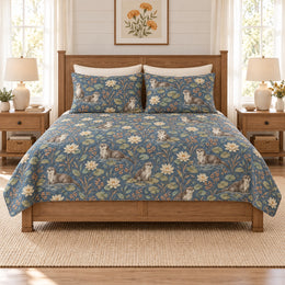 Dusty Denim River Otter & Water Lily Quilt Set, Gift for Otter Fans