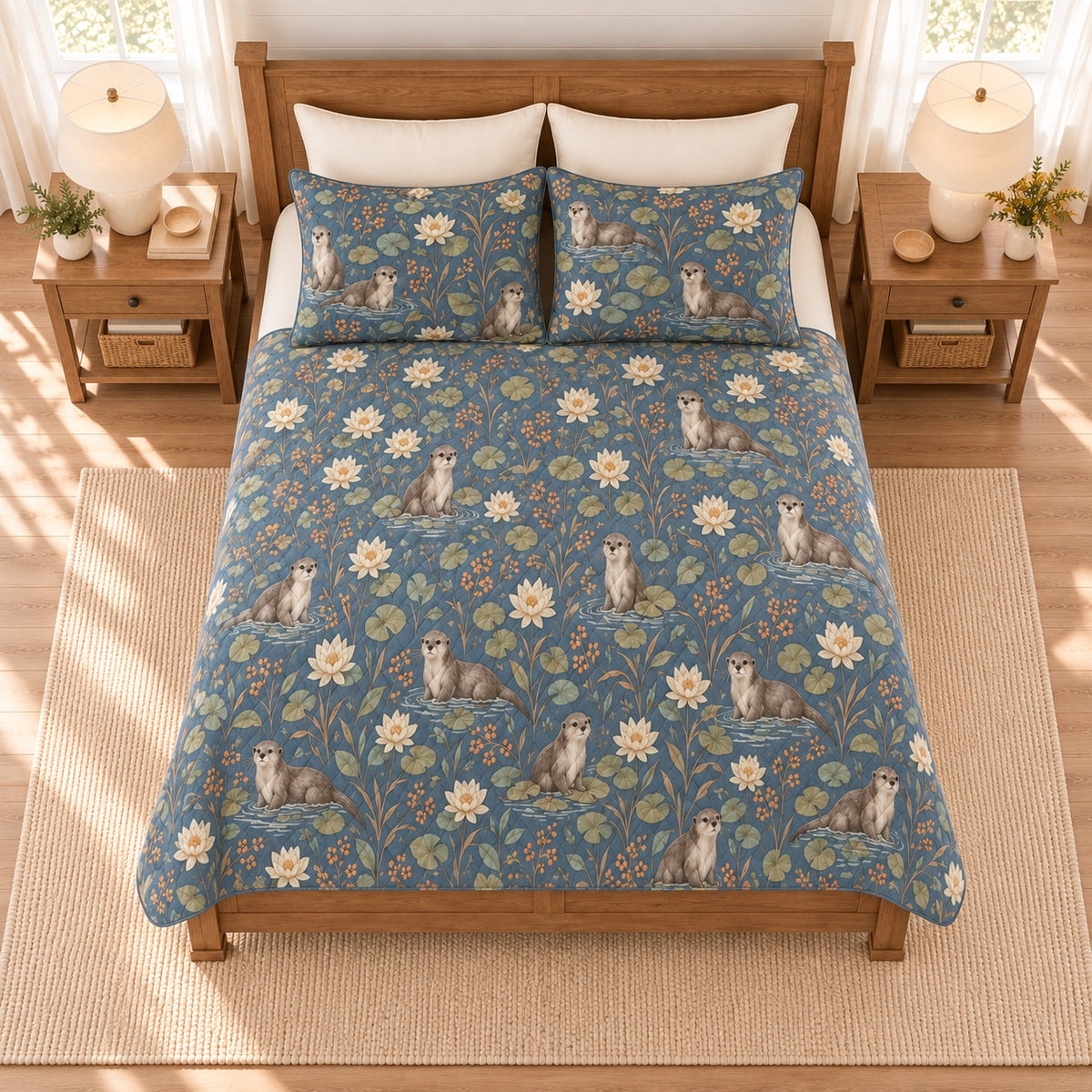 Dusty denim river otter and water lily quilt set, elevated overhead view
