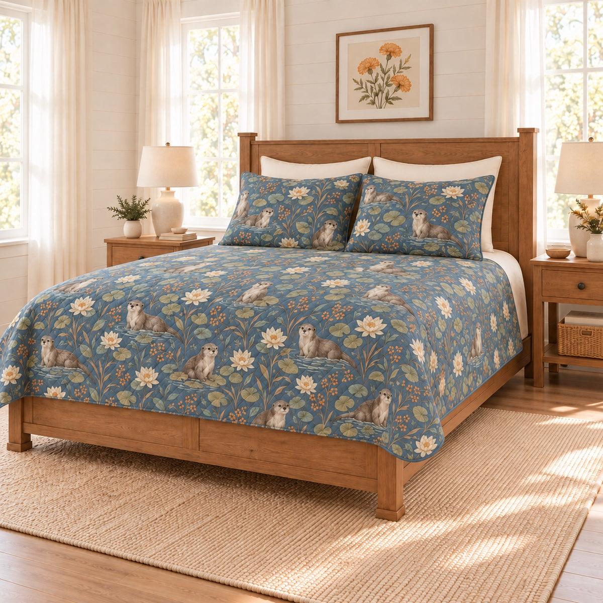 Dusty denim river otter and water lily quilt set, right angle view