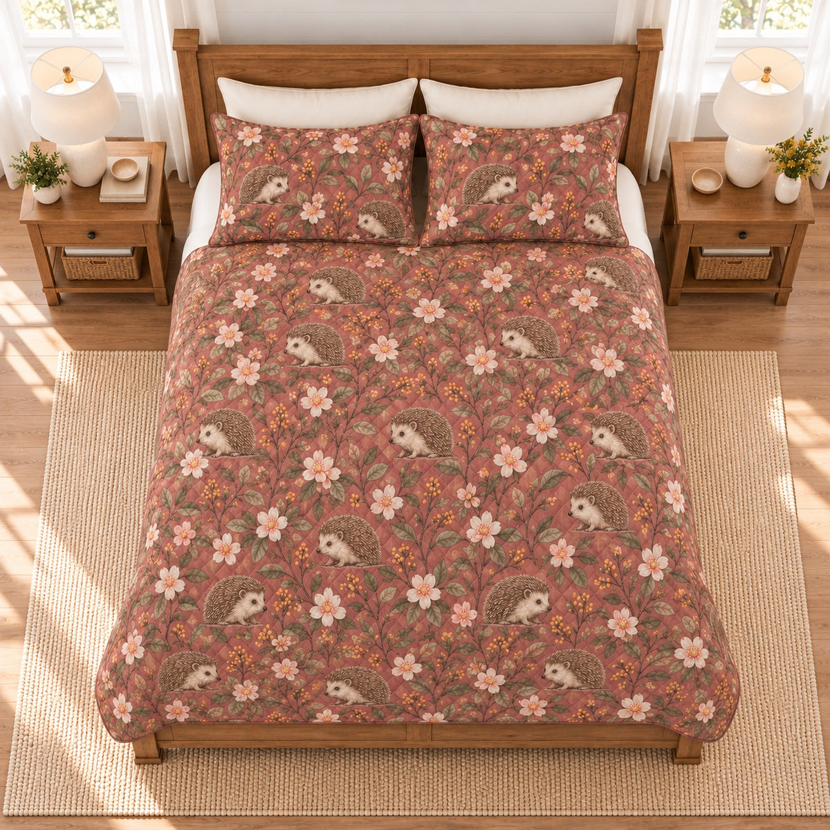 Dusty rose hedgehog and apple blossom quilt set, elevated overhead view