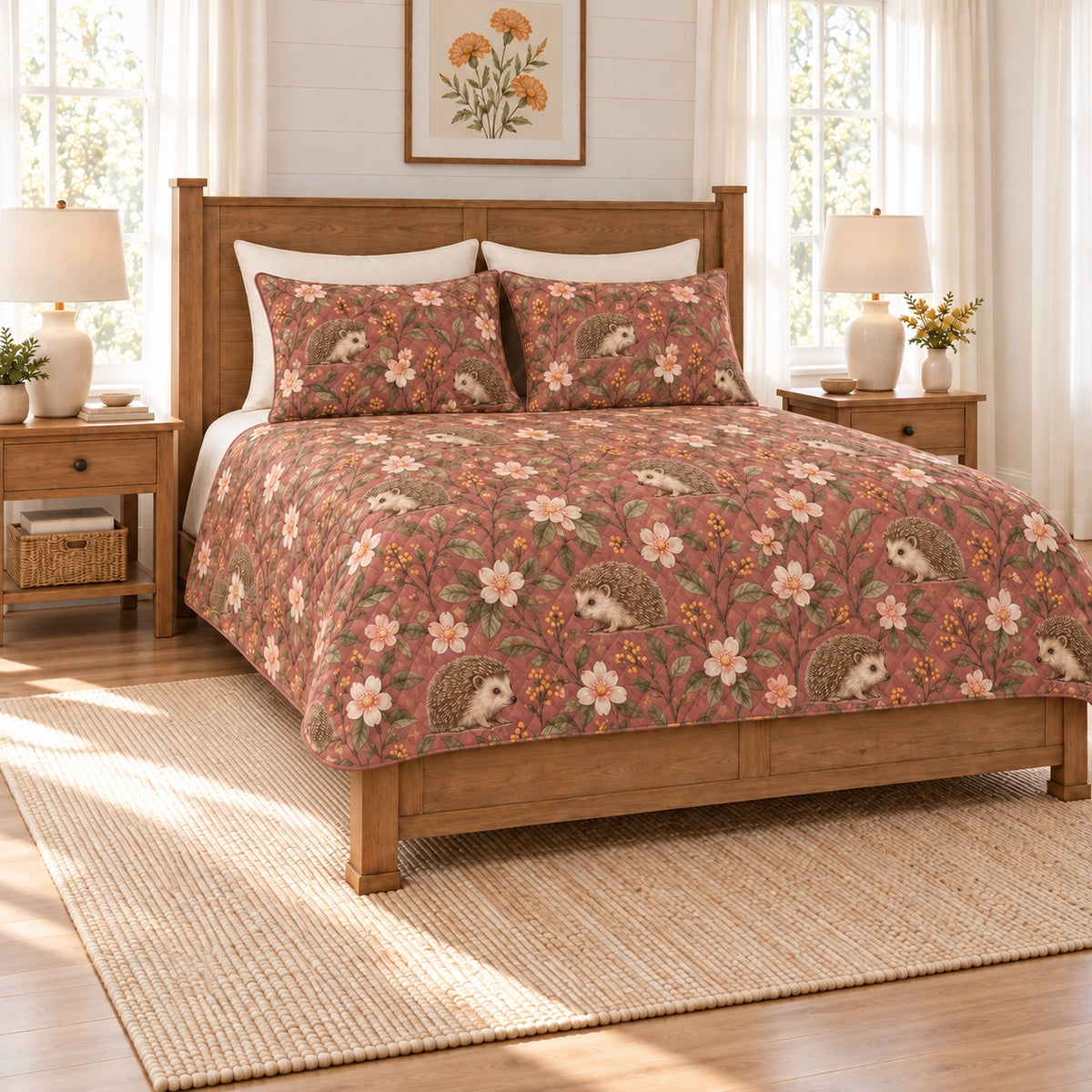 Dusty rose hedgehog and apple blossom quilt set, left angle view