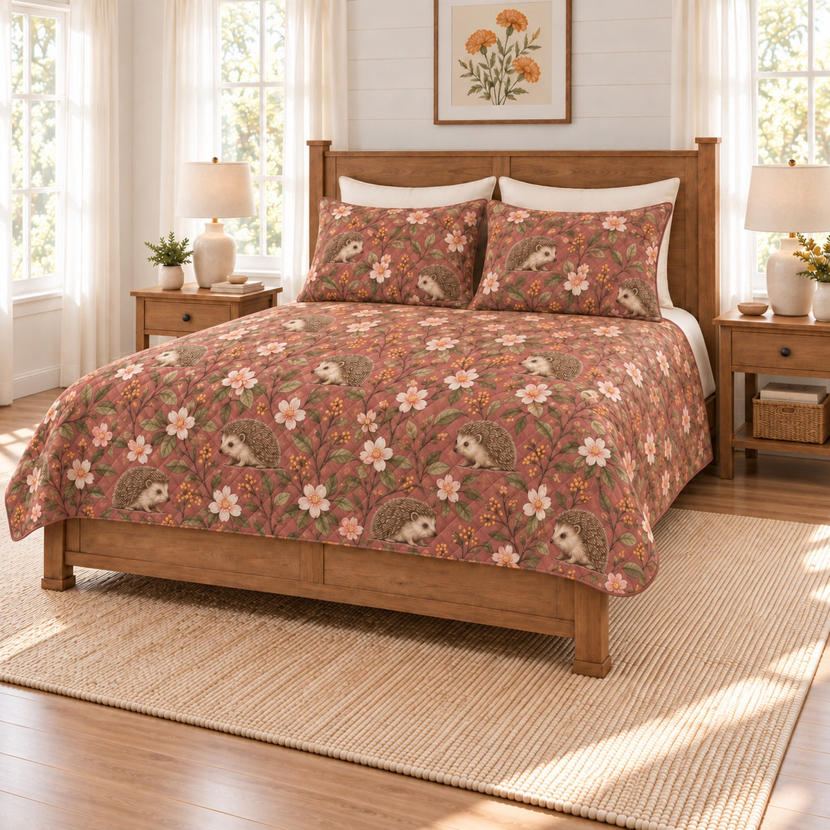 Dusty rose hedgehog and apple blossom quilt set, right angle view