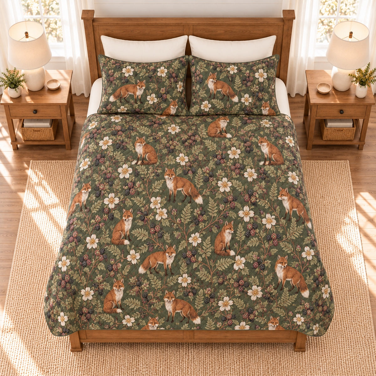 Deep sage fox and blackberry quilt set overhead view