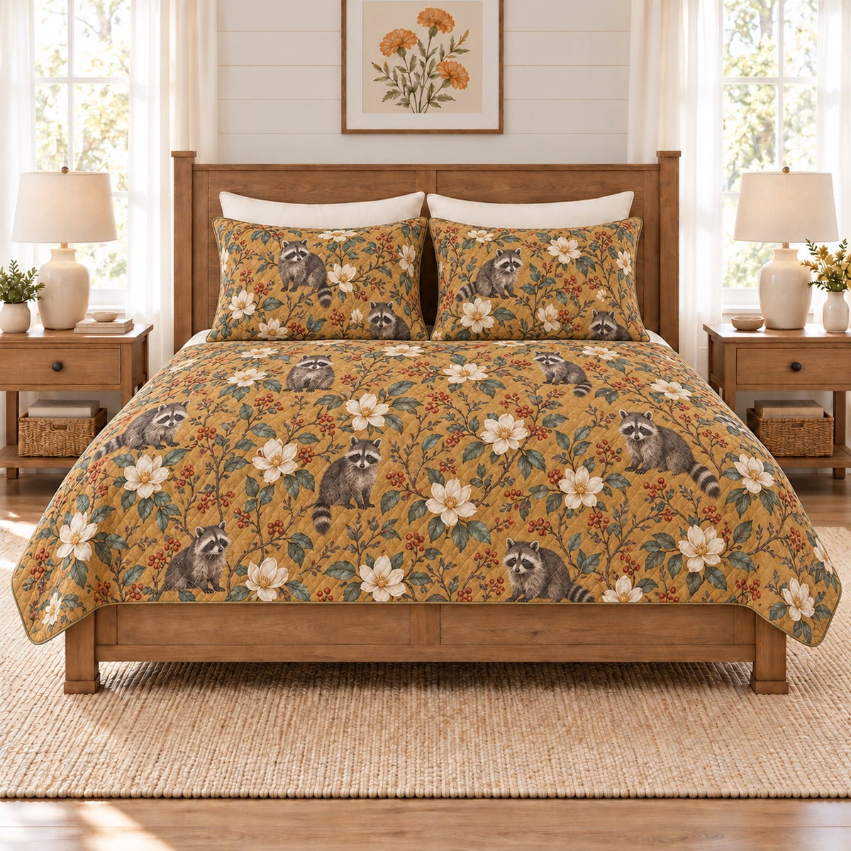Warm ochre raccoon and magnolia quilt set front view