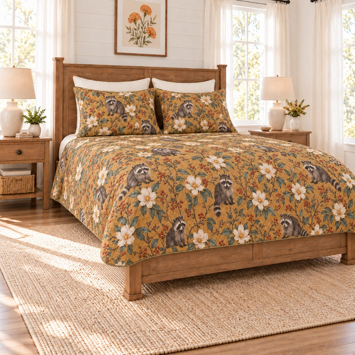 Warm ochre raccoon and magnolia quilt set left angle