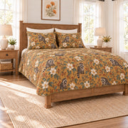 Warm ochre raccoon and magnolia quilt set left angle