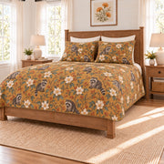 Warm ochre raccoon and magnolia quilt set right angle