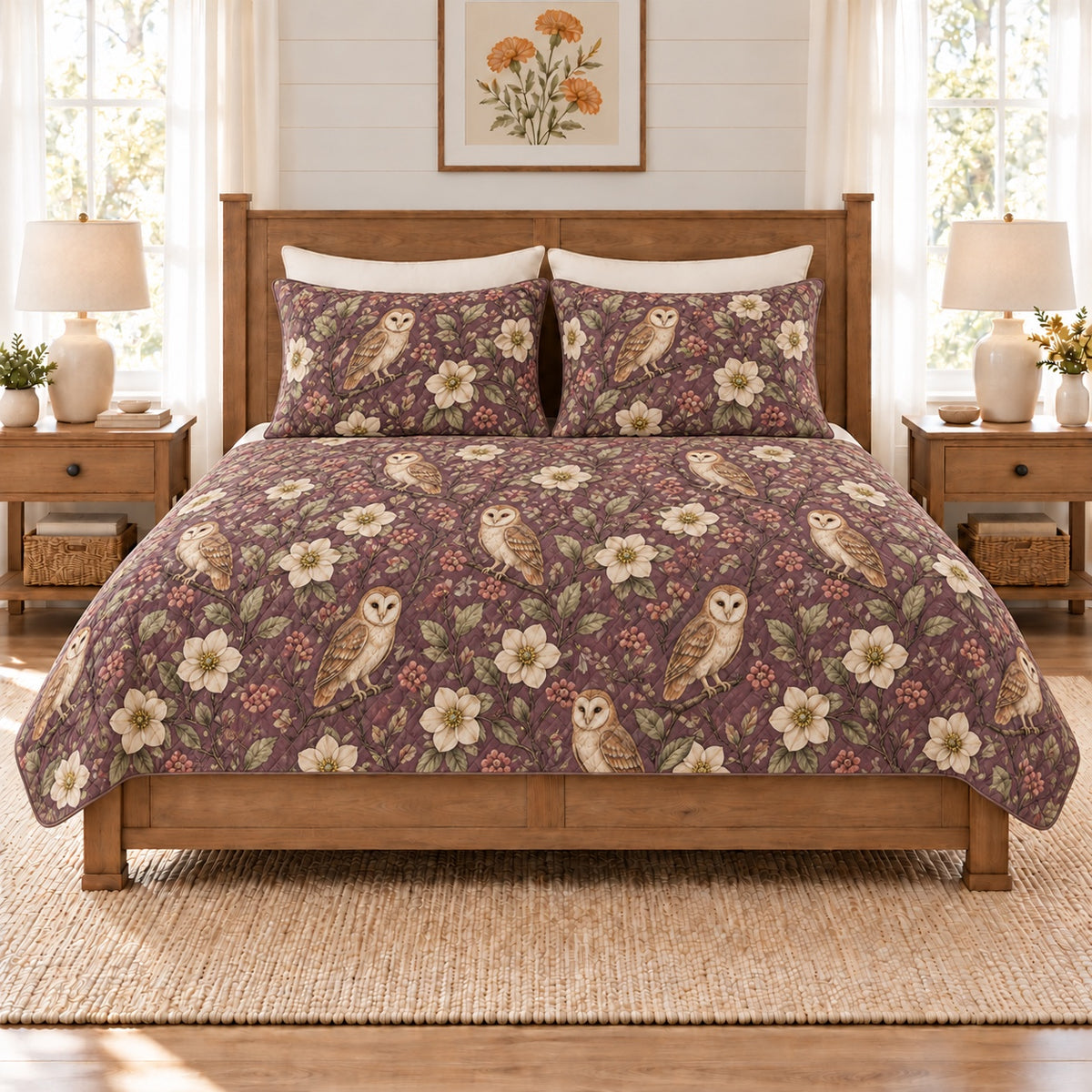 Smoky plum barn owl and hellebore quilt set front view