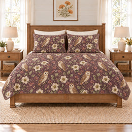 Smoky Plum Barn Owl & Hellebore Quilt Set, Gift for Owl and Hellebore Fans