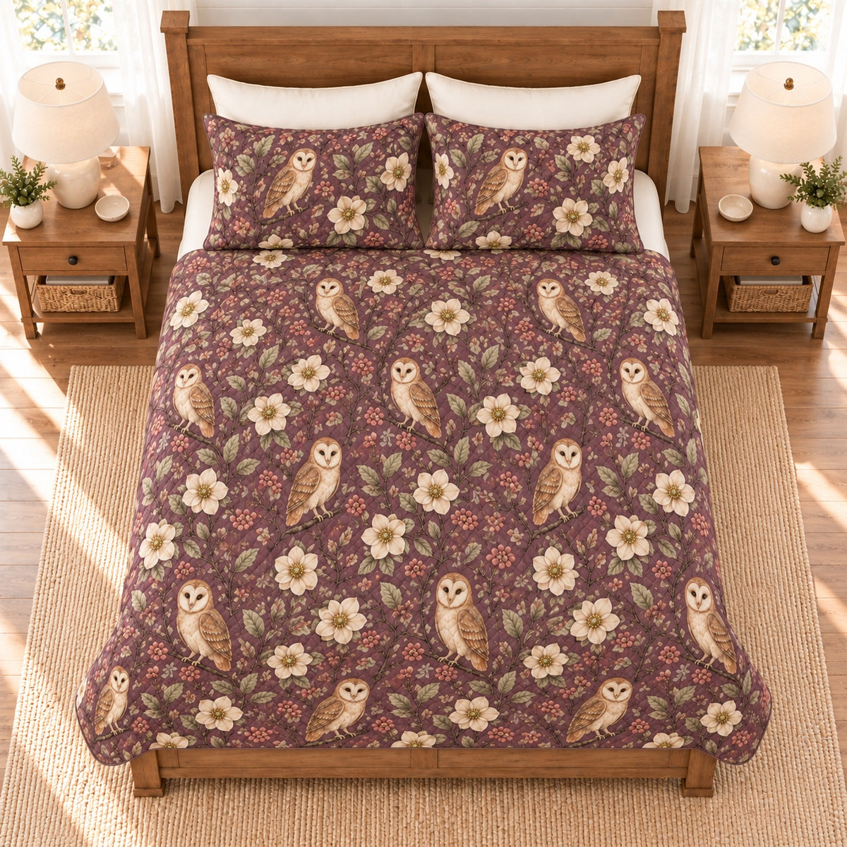 Smoky plum barn owl and hellebore quilt set overhead view