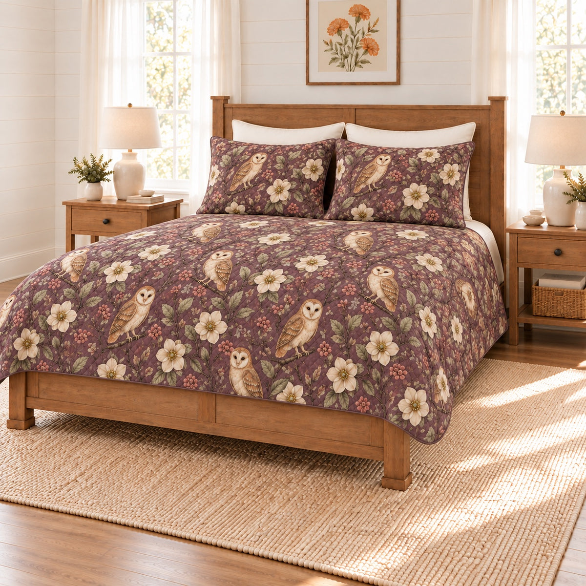 Smoky plum barn owl and hellebore quilt set right angle
