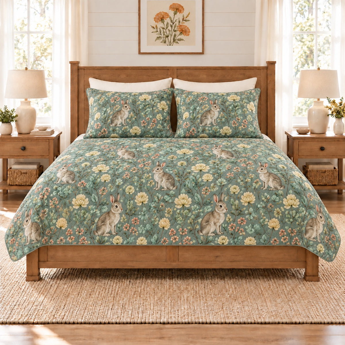 Seafoam meadow rabbit and clover quilt set front view