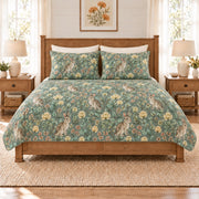 Seafoam meadow rabbit and clover quilt set front view