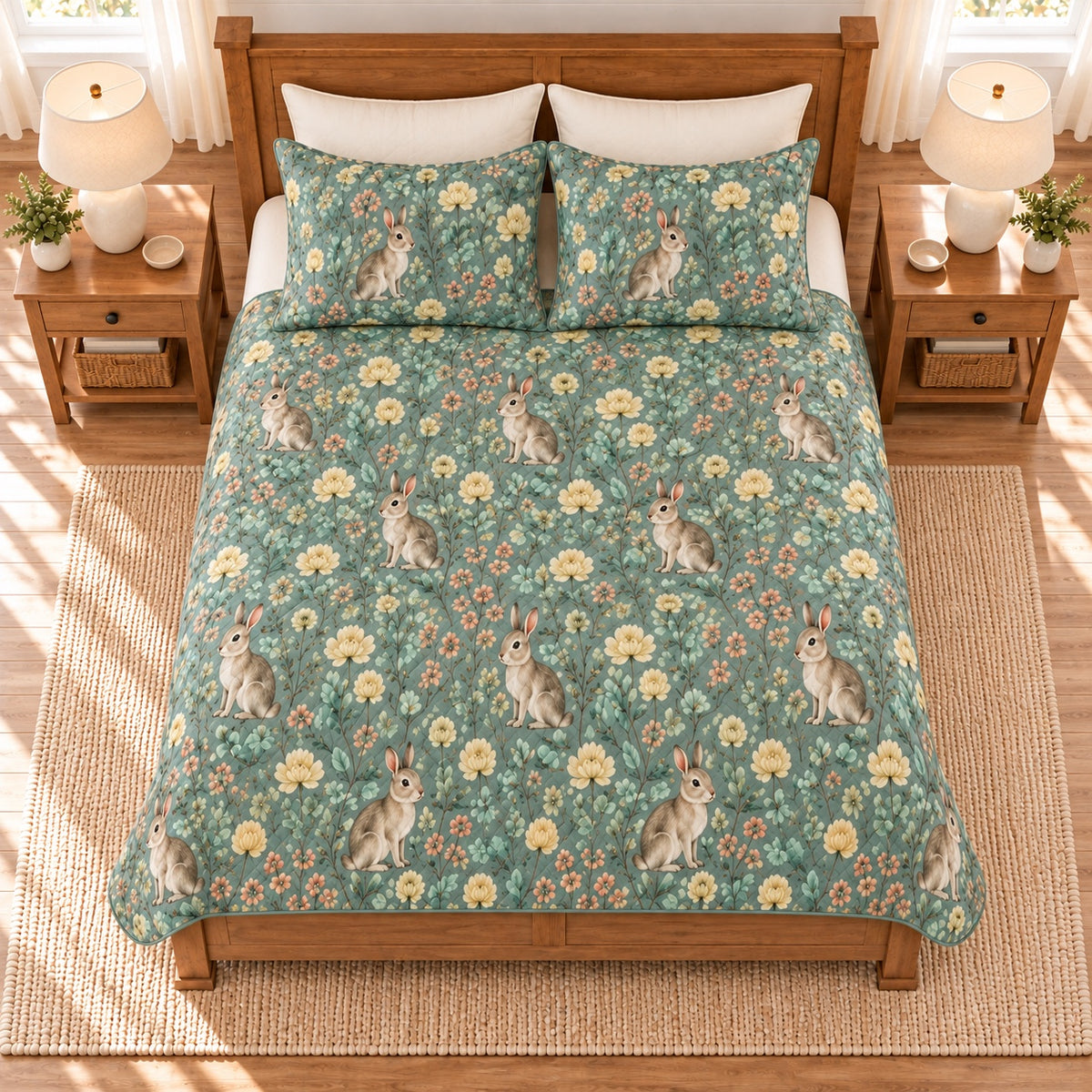 Seafoam meadow rabbit and clover quilt set overhead view