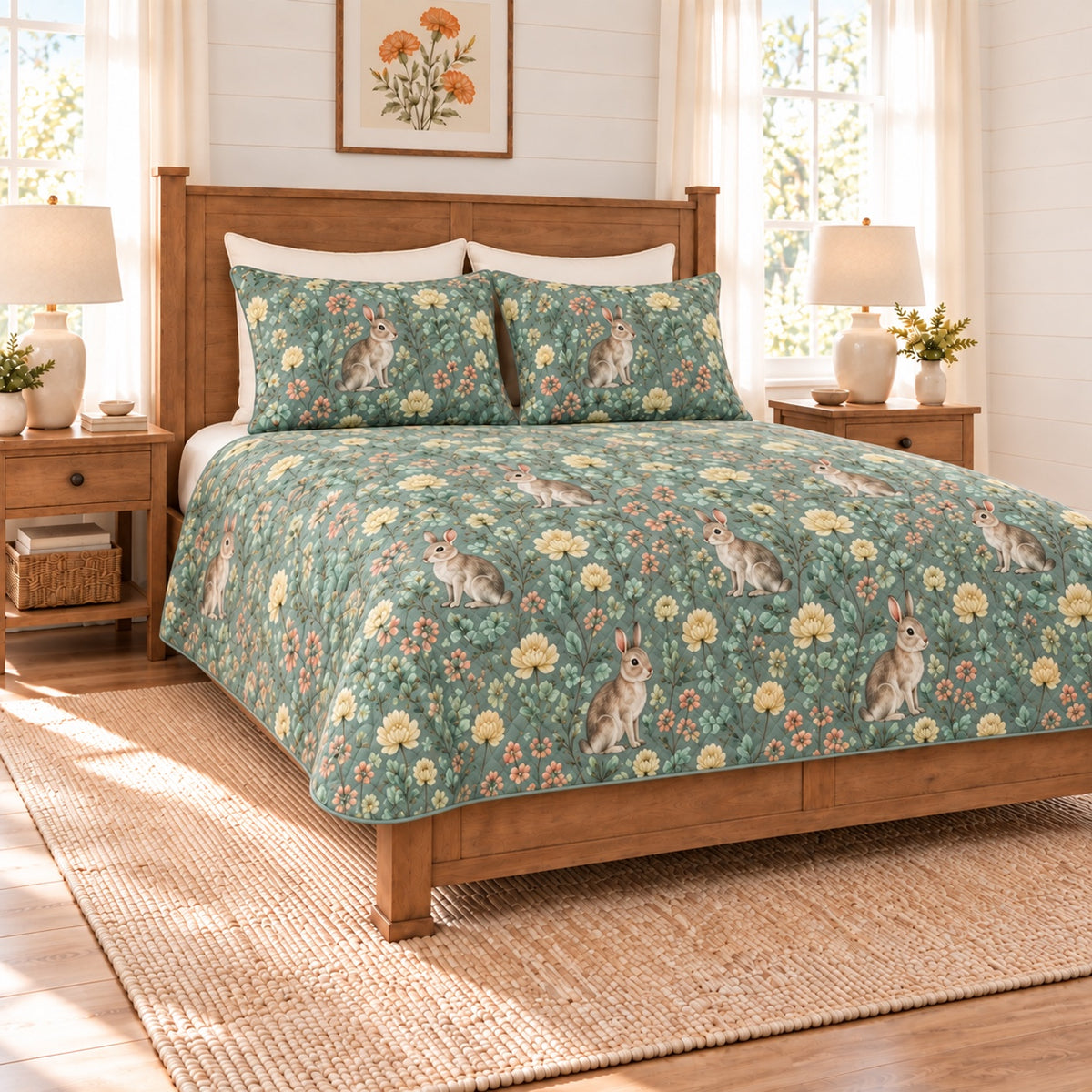Seafoam meadow rabbit and clover quilt set left angle