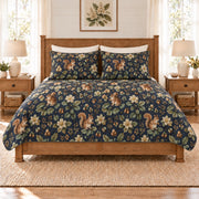 Midnight navy squirrel and chestnut quilt set front view