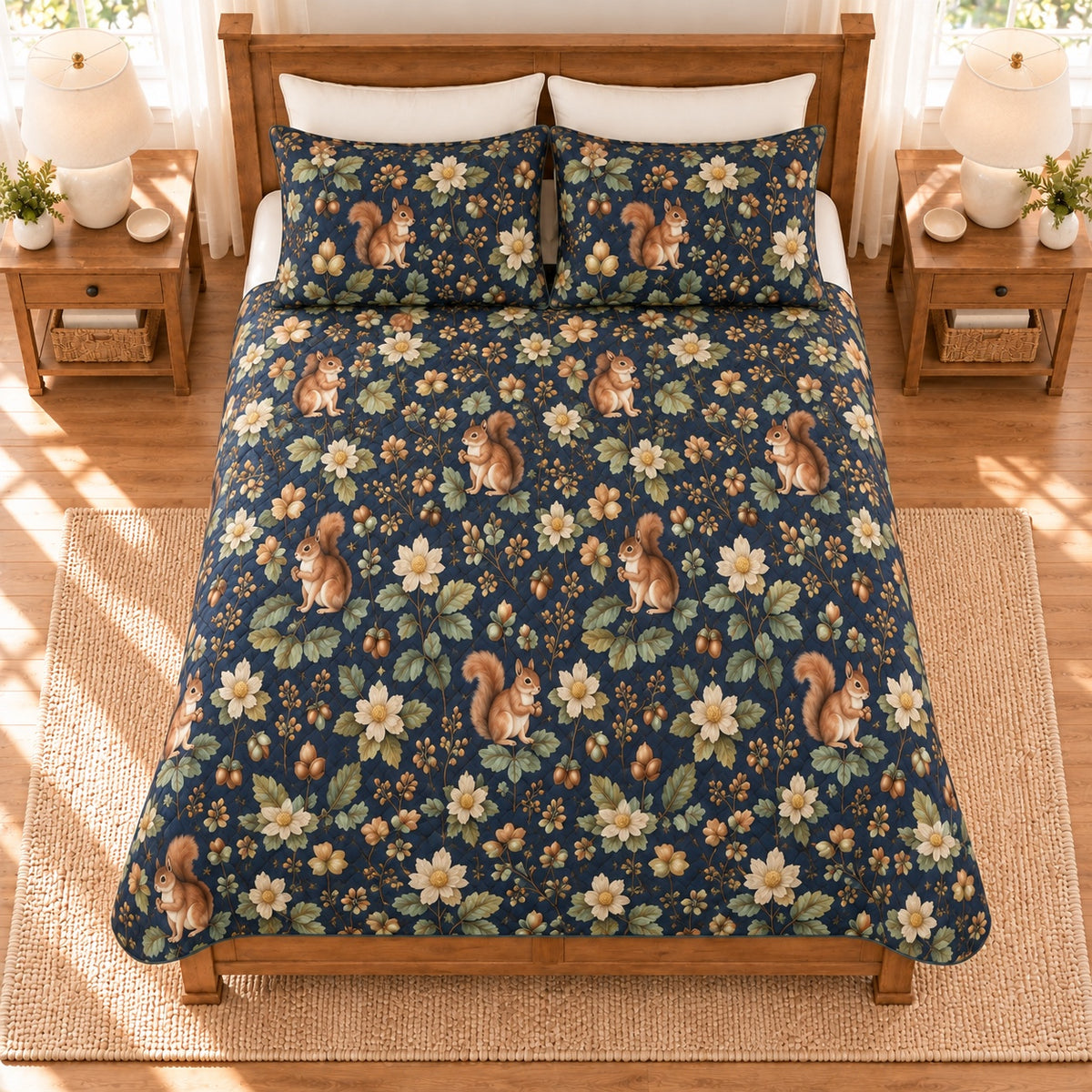 Midnight navy squirrel and chestnut quilt set overhead view