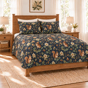 Midnight navy squirrel and chestnut quilt set left angle