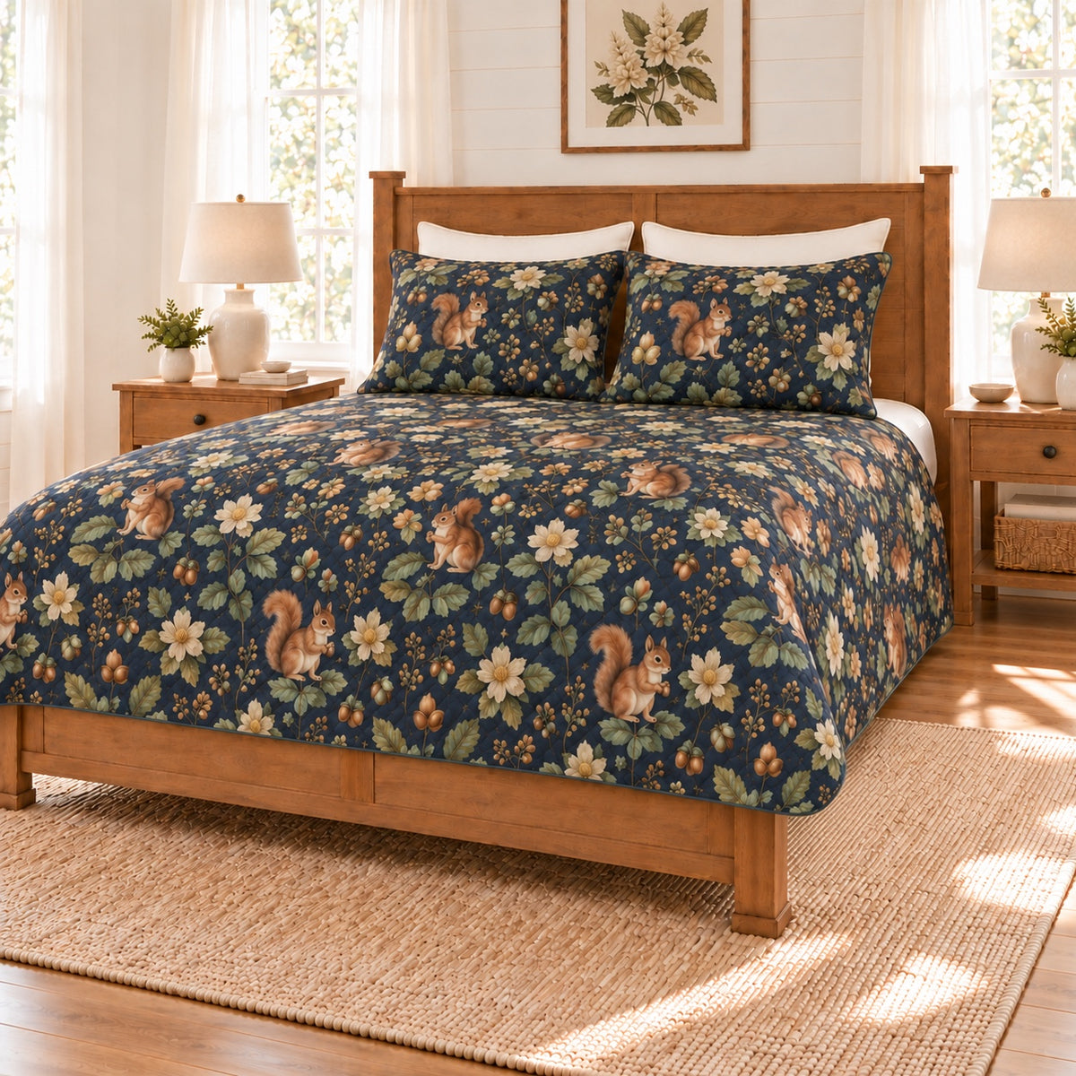 Midnight navy squirrel and chestnut quilt set right angle