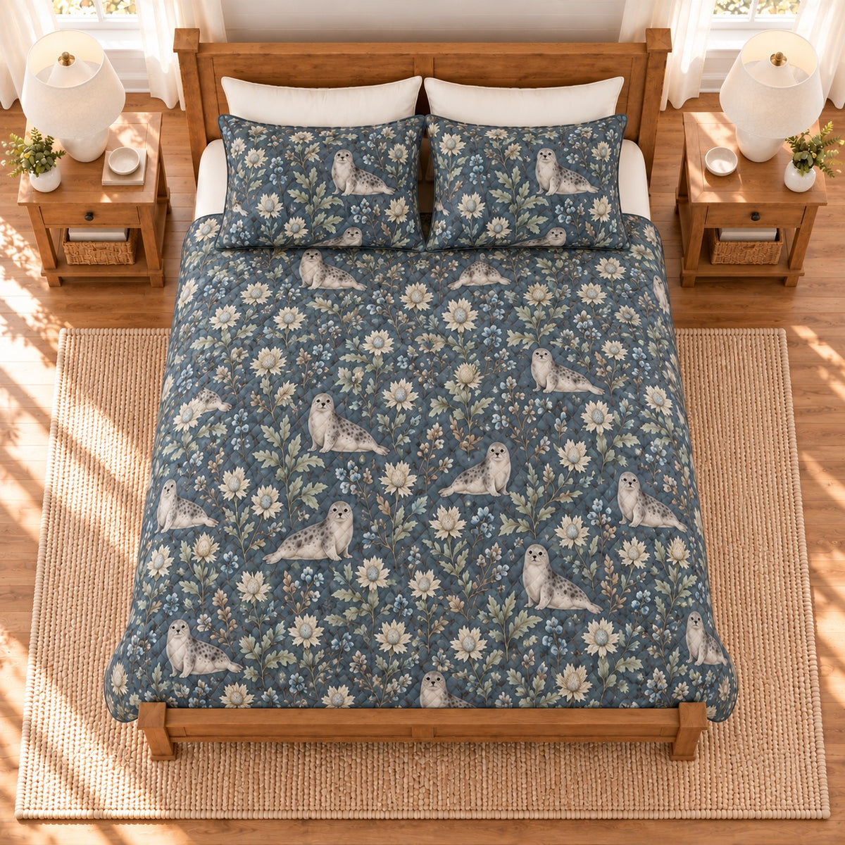 Stormy blue harbor seal and sea holly quilt set overhead view