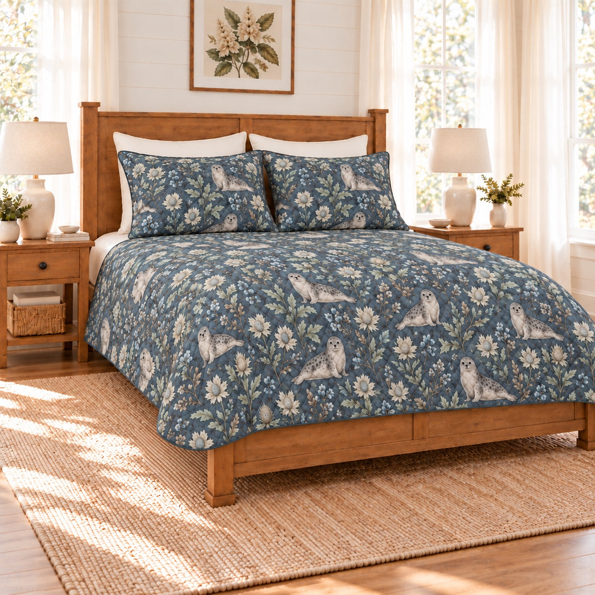 Stormy blue harbor seal and sea holly quilt set left angle