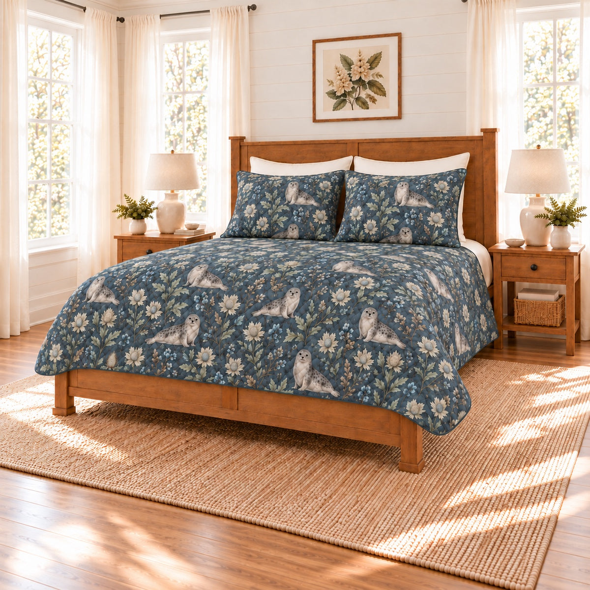 Stormy blue harbor seal and sea holly quilt set right angle