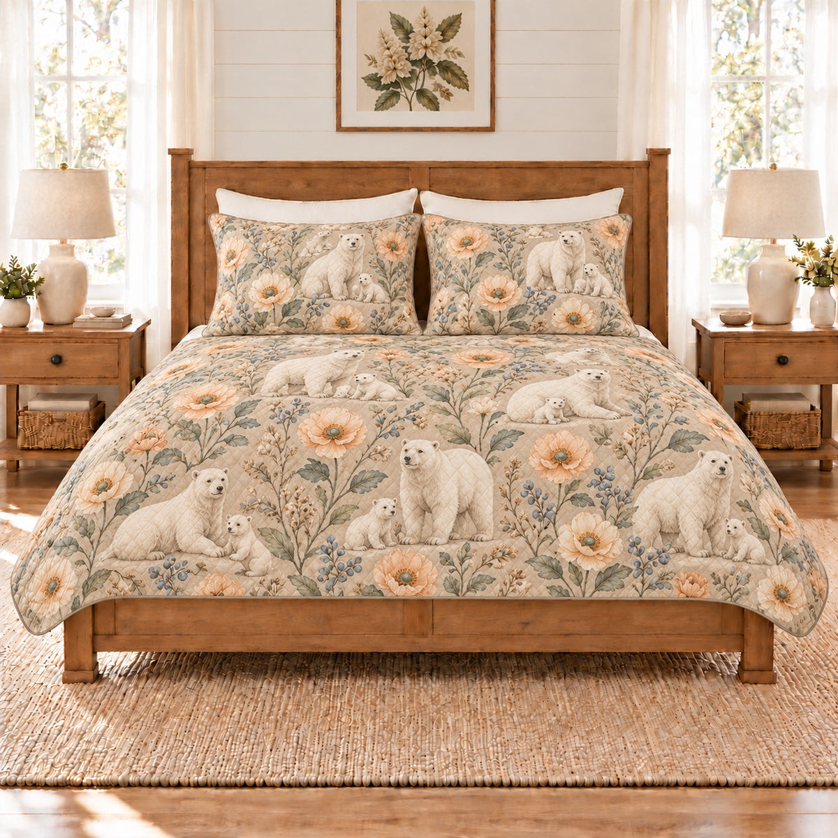 Warm sand polar bear and Arctic poppy quilt set front view