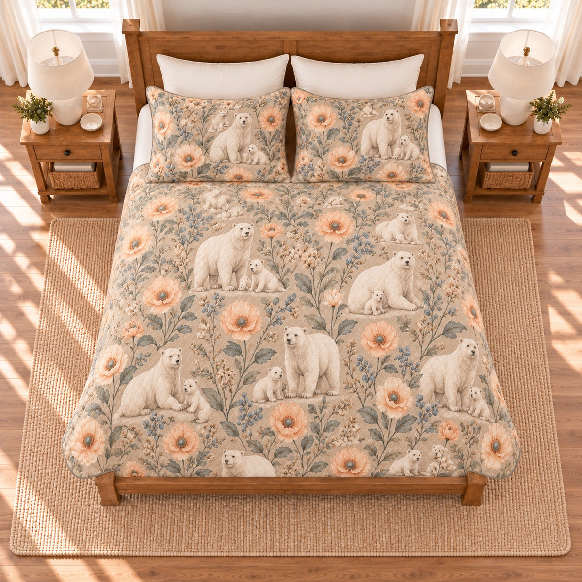 Warm sand polar bear and Arctic poppy quilt set overhead view