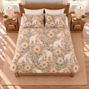 Warm sand polar bear and Arctic poppy quilt set overhead view