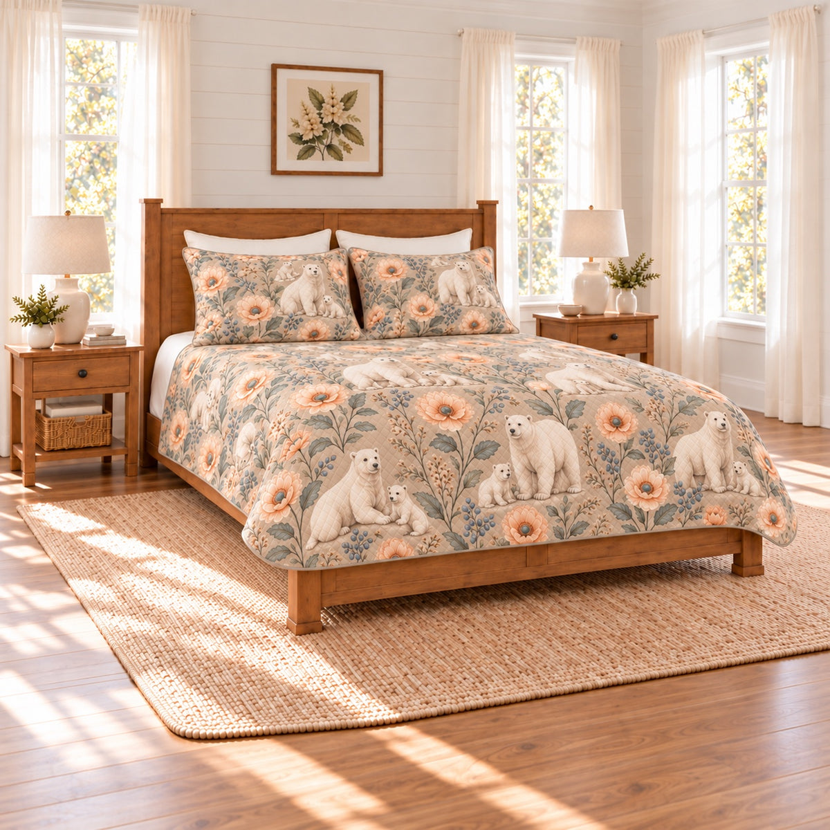 Warm sand polar bear and Arctic poppy quilt set left angle