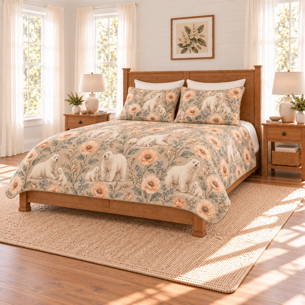 Warm sand polar bear and Arctic poppy quilt set right angle