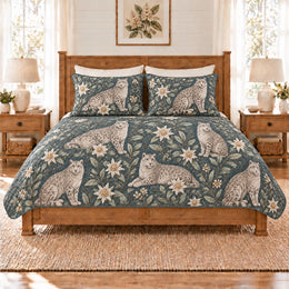 Dusty Teal Snow Leopard & Edelweiss Quilt Set, Gift for Snow Leopard and Edelweiss Fans
